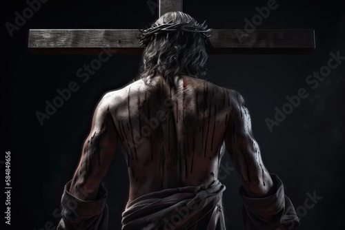 Fényképezés Back view of Jesus Christ flogged on black background