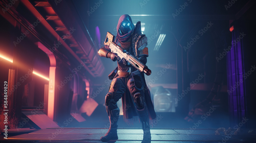 Φωτογραφία Futuristic game character hero soldier in armor wears night vision helmet holds assault rifle weapon on night light dangerous cyberpunk game play cinematic scene