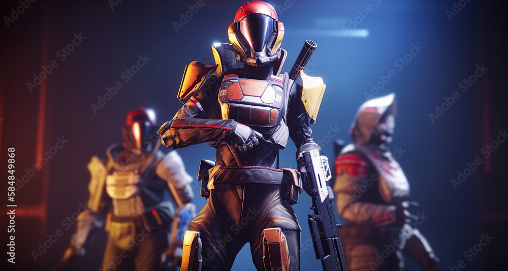 Futuristic game character hero soldier in armor wears night vision helmet holds assault rifle weapon on night light dangerous cyberpunk game play cinematic scene. Generative AI Futuristic game character hero soldier in armor wears night vision helmet holds assault rifle weapon on night light dangerous cyberpunk game play cinematic scene. Generative AI