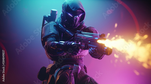 Futuristic game character hero soldier in armor wears night vision helmet holds assault rifle weapon on night light dangerous cyberpunk game play cinematic scene. Generative AI