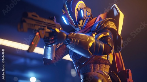 Futuristic game character hero soldier in armor wears night vision helmet holds assault rifle weapon on night light dangerous cyberpunk game play cinematic scene. Generative AI
