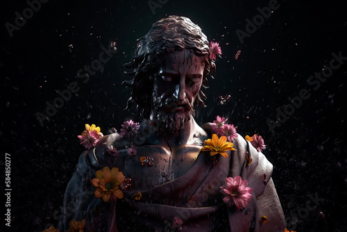 Conceptual view of Jesus Christ under a shower of flowers. Lord of lords and King of kings, savior of mankind. Passion and crucifixion. Concept for catholic religion and holy week. Generative ai
