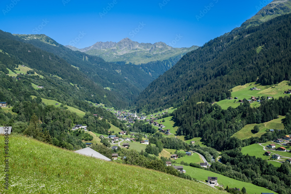 Village of Sibertal toward Lobspitze in the Montafon Valley, State of Vorarlberg, Austria, Drone Photography