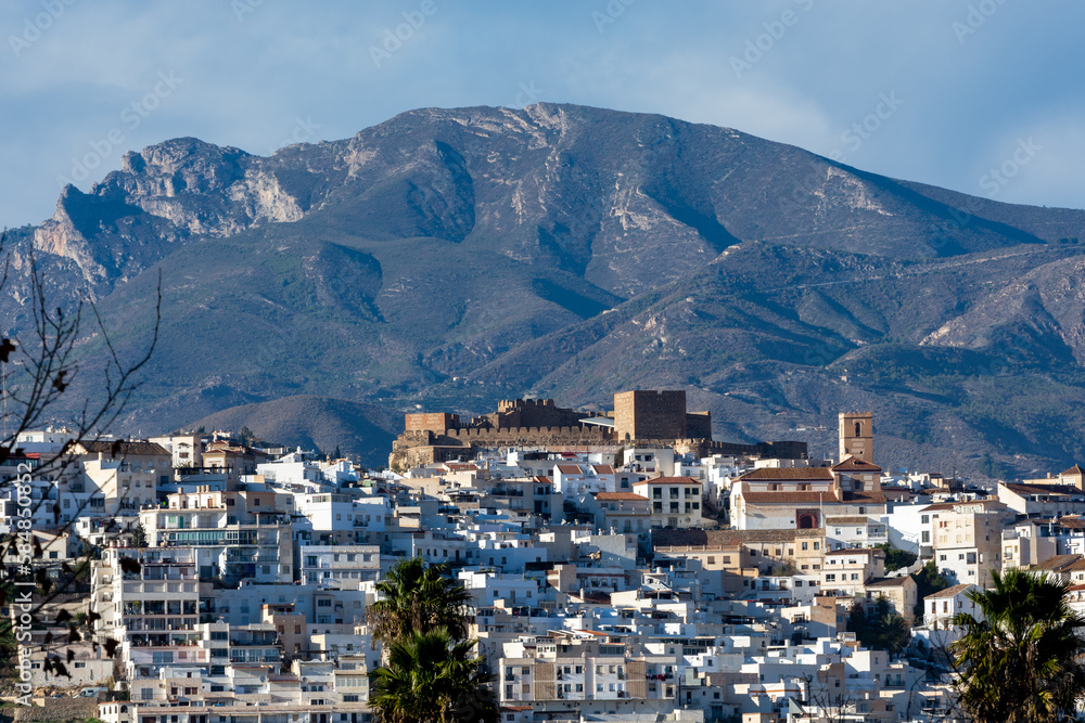 View of the village of white houses of Salobreña on the Mediterranean coast of Andalusia (Spain)