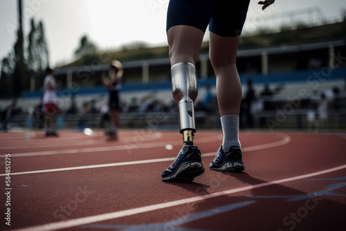Close up of a disabled person with a prosthetic leg exercising on a sports track. Generative ai