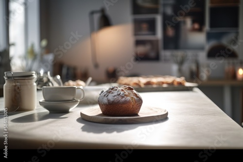Amazing photo of gorgeous bakery  and cakes in nordic style cafe  background. Generative ai.