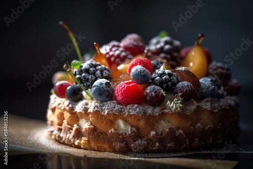 Closed up of strawberry cake  and waffle with fruit nordic tyle. Generative ai.