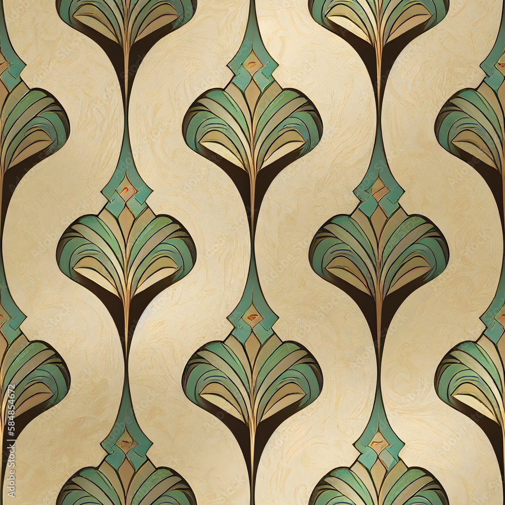 Mahana Art Nouveau Wallpaper Seamless Colorful with gol - obrazy, fototapety, plakaty 