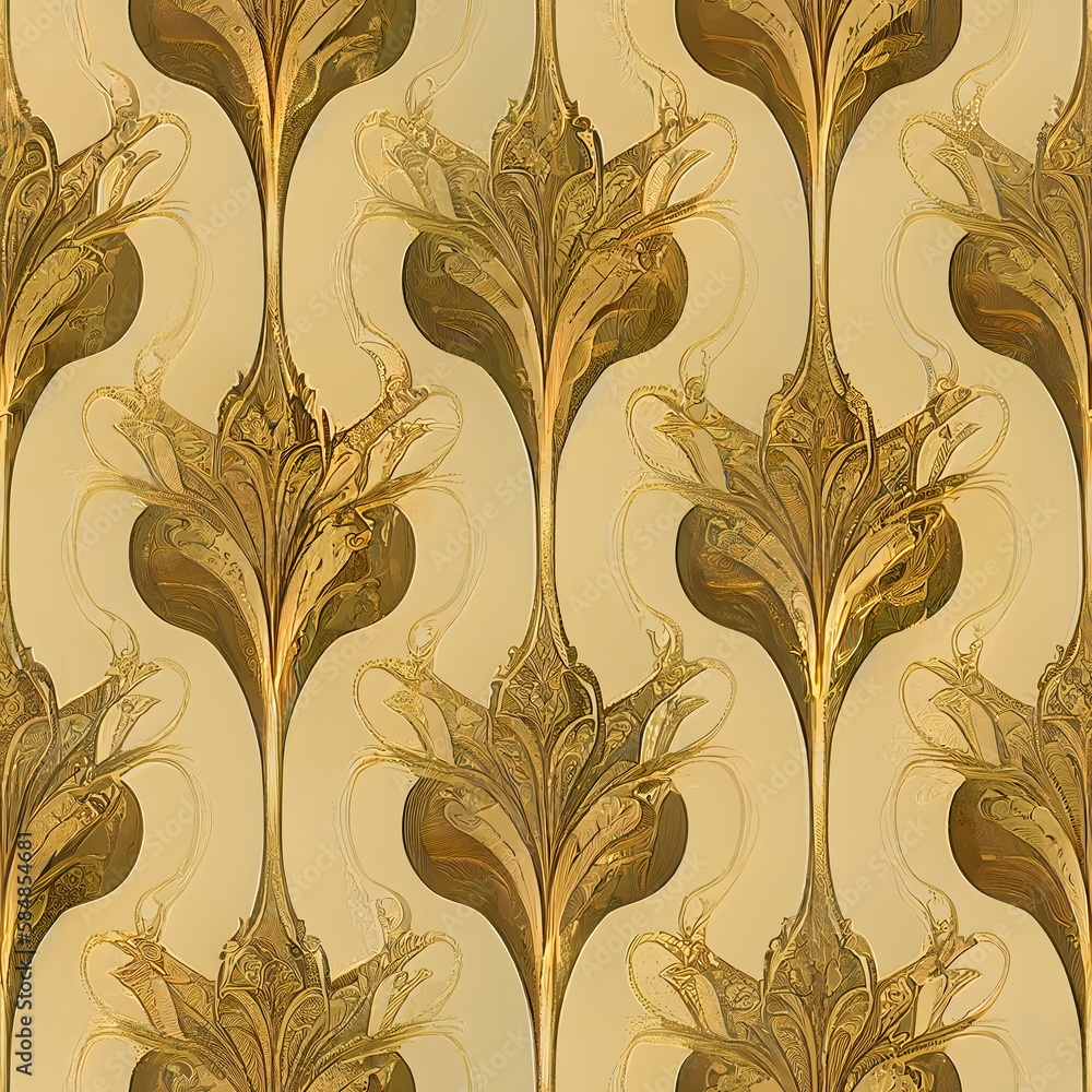 Mahana Art Nouveau Wallpaper Seamless Colorful with gol - obrazy, fototapety, plakaty 