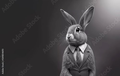 Rabbit in a jacket on a gray background. Black and white portrait. created by AI. Banner