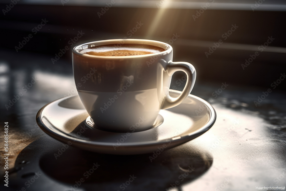 Close up of cap of coffee with smoke on table. Generative ai. Close up of cap of coffee with smoke on table. Generative ai.