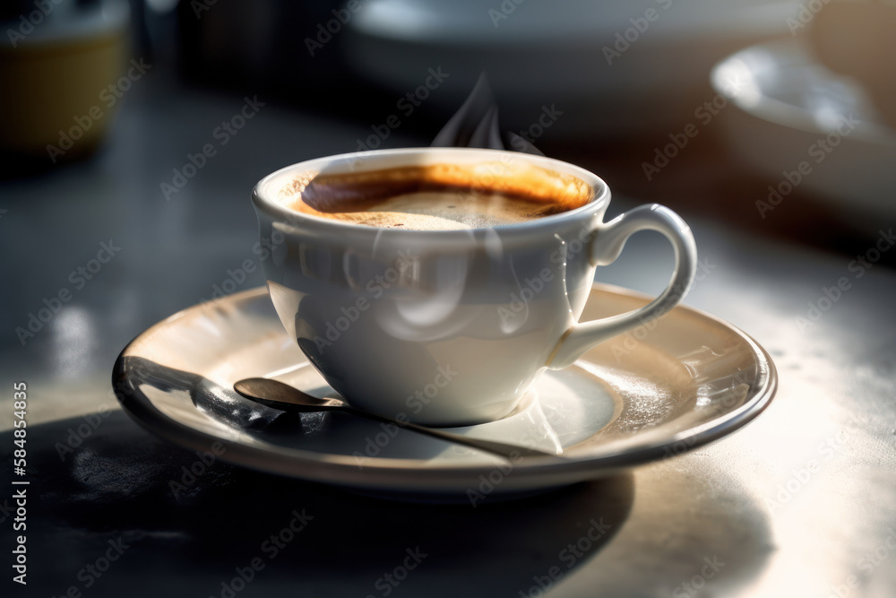 Close up of cap of coffee with smoke on table. Generative ai. Close up of cap of coffee with smoke on table. Generative ai.