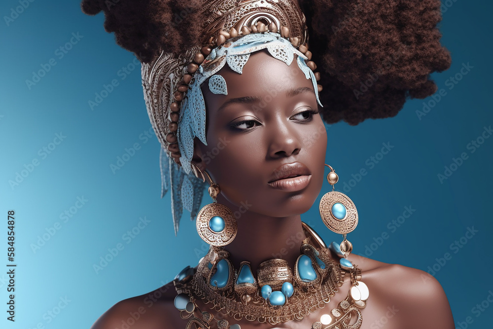 Fictitious afro model with chocolate color skin and puff hair style. AI generated image Stock