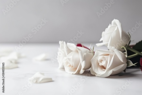 White rose and flag on floor in white background. Memorial Day concept. Generative ai.