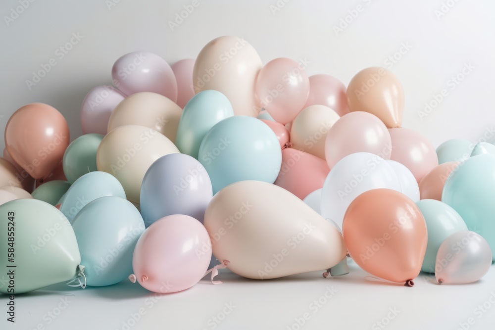 Pastel colorful balloons in white room background. Party and celebration. Generative ai. Pastel colorful balloons in white room background. Party and celebration. Generative ai.