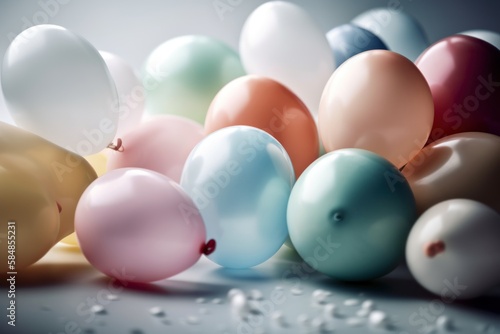 Pastel colorful balloons in white room background. Party and celebration. Generative ai.