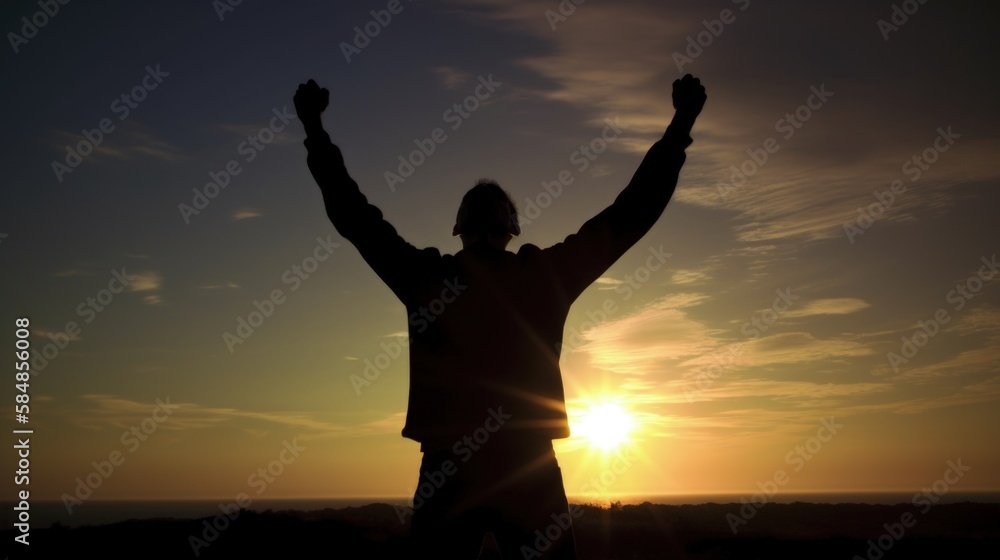 Silhouette of man raised hands at sunrise background, strong pose