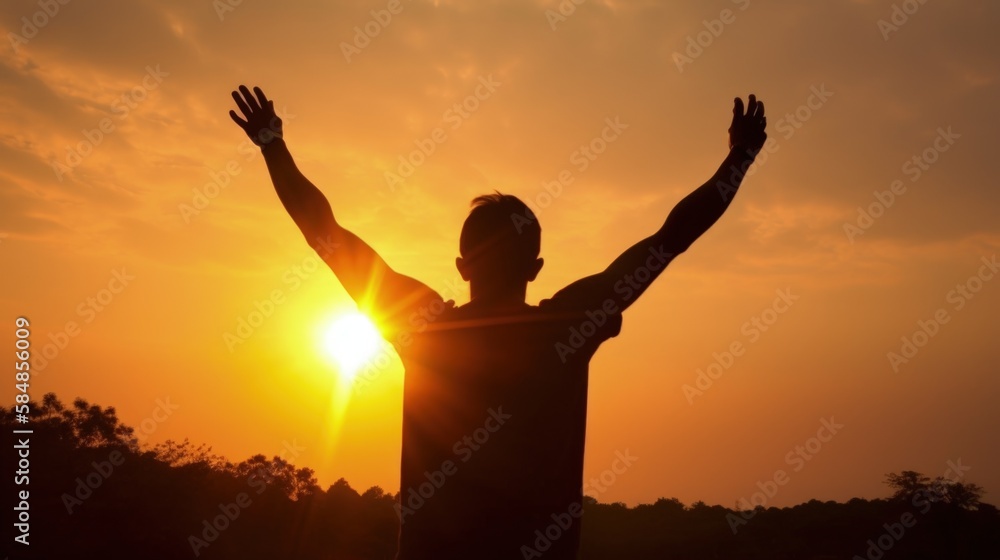 Silhouette of man raised hands at sunset background, close-up, in front of sun