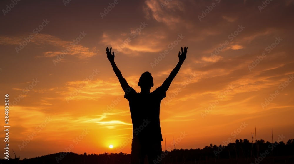 Silhouette of man raised hands at sunset background, V-shape pose Silhouette of man raised hands at sunset background, V-shape pose
