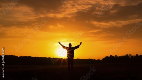 Silhouette of man raised hands at sunset background, wide angle in front of sun