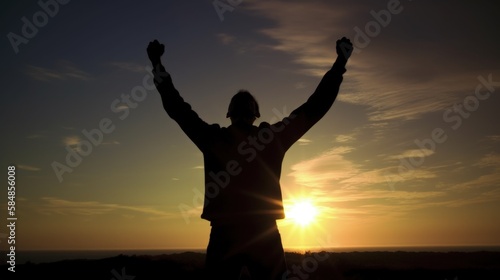 Silhouette of man raised hands at sunrise background, strong pose