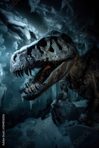 Tyrannosaurus rex dinosaur mummy found preserved and frozen in a ice cave