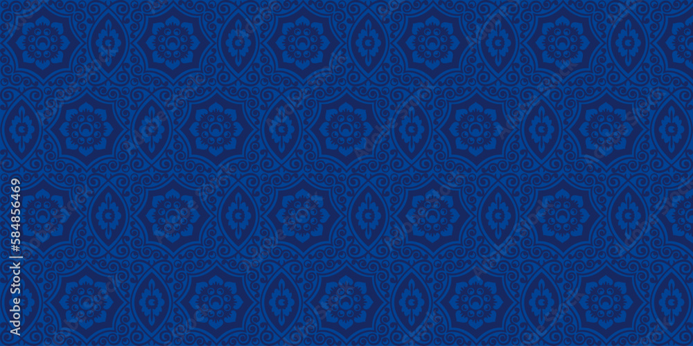 Navy blue vector pattern seamless background. Arabic drawn tile. Trendy home decor. Filigree floral motif. Vector illustration.