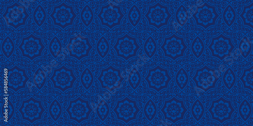 Navy blue vector pattern seamless background. Arabic drawn tile. Trendy home decor. Filigree floral motif. Vector illustration.