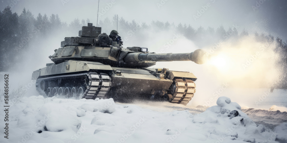 Miltary tank in combat during a snowstorm by generative AI