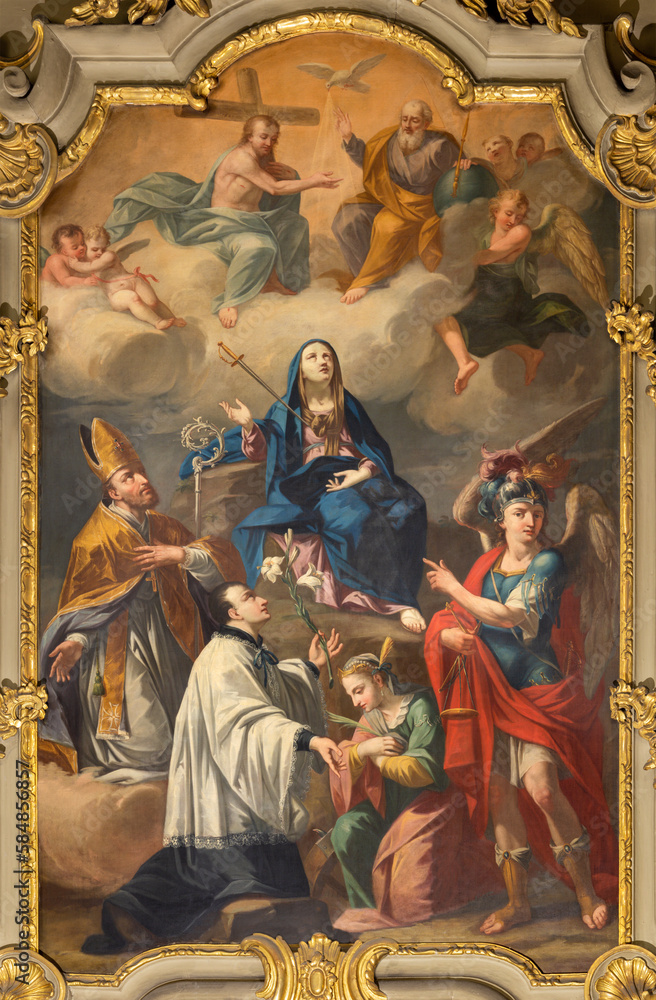 IVREA, ITALY - JULY 15, 2022: The baroque painting of Madonna of Sorrow among the saints in the church Chiesa di Sant Ulderico.