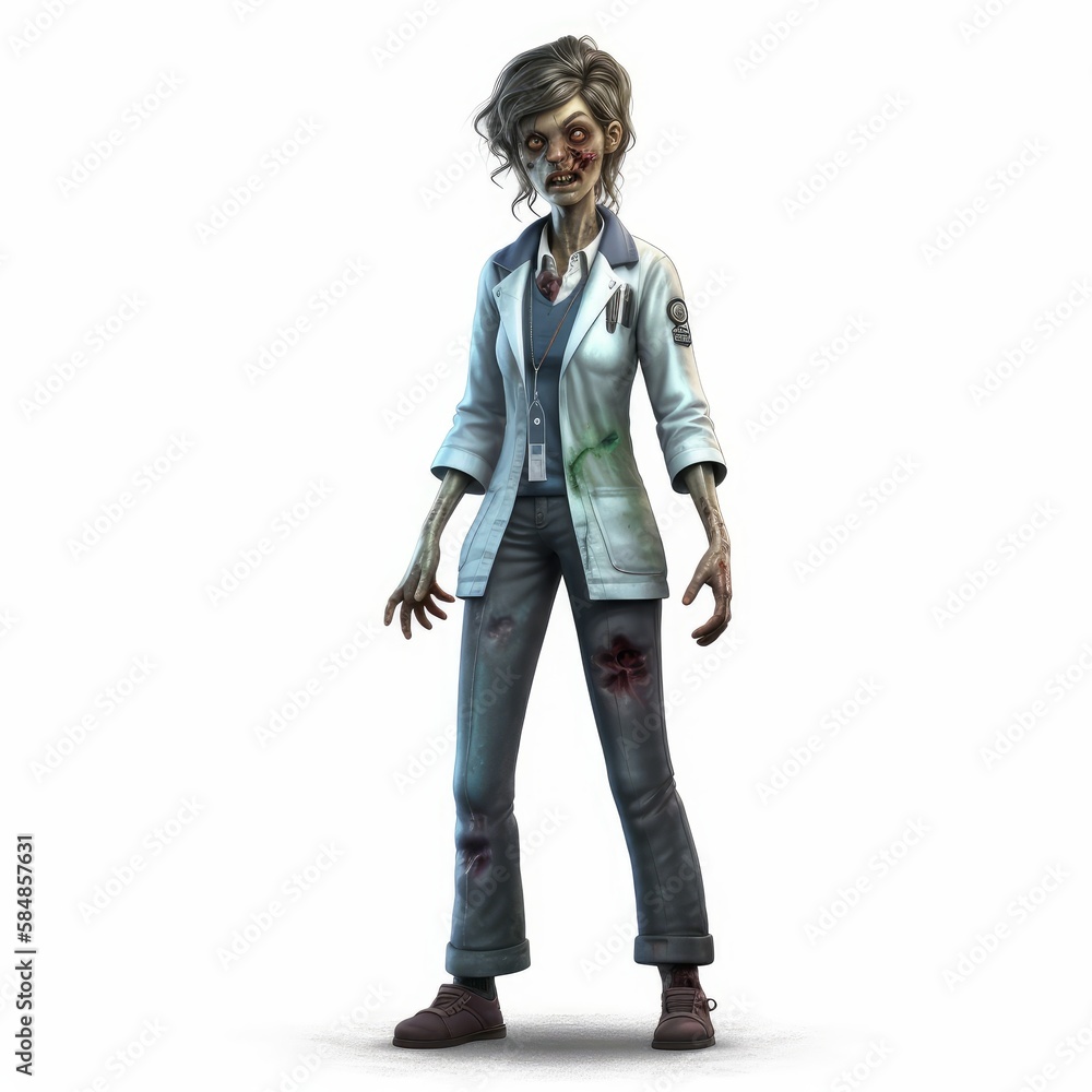 Undead Medic: Female Doctor Zombie Character on White Background, Generative AI Undead Medic: Female Doctor Zombie Character on White Background, Generative AI