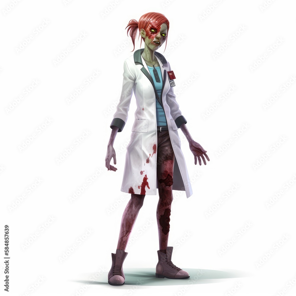 Undead Medic: Female Doctor Zombie Character on White Background, Generative AI