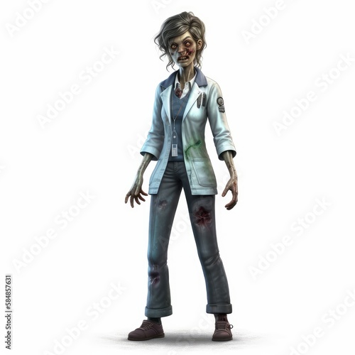 Undead Medic: Female Doctor Zombie Character on White Background, Generative AI © avrezn