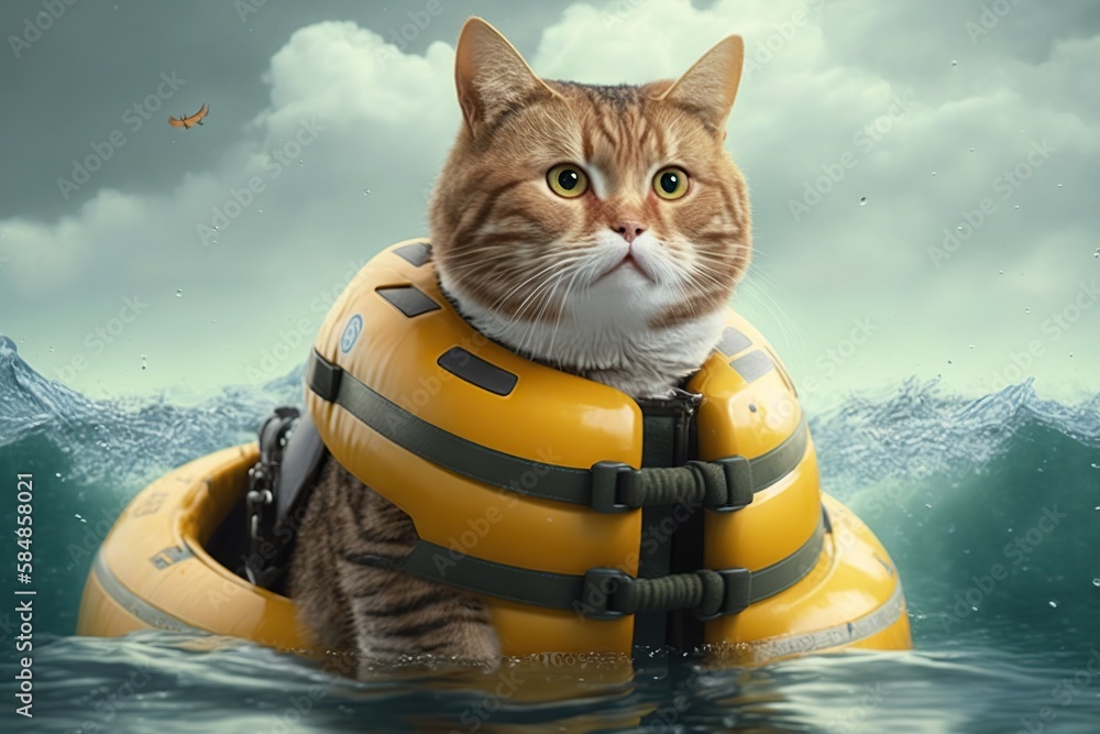 Cat wearing lifejacket and paddling in inflatable boat, created with