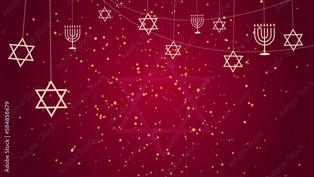 Star of David and Menorah are symbols of Judaism. Jewish characters on red animated background