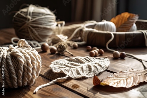 Natural macrame leaf and thread windings on a hardwood table. Decorate with cotton rope macrame. hobby. Handcrafted wall hangings. Generative AI photo