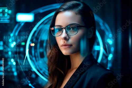 pretty woman with glasses using holographic displays, generated by AI