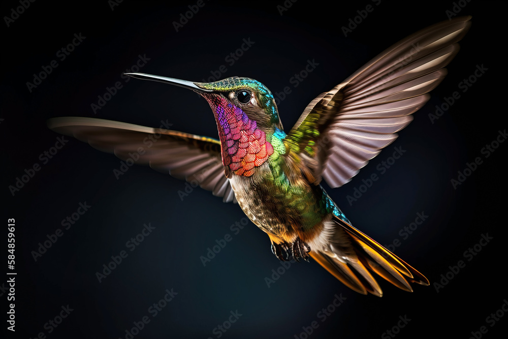 Obraz premium Colorful Hummingbird in Flight on Black Background . AI generated Illustration.