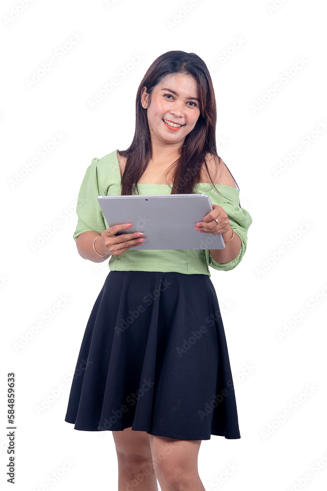 beautiful asian woman finished presentation. girl looking ahead with a happy smile where her hands are holding a notebook tablet against a white background beautiful asian woman finished presentation. girl looking ahead with a happy smile where her hands are holding a notebook tablet against a white background