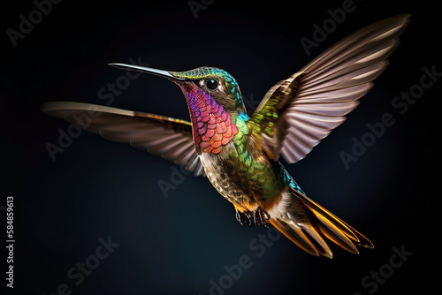 Colorful Hummingbird in Flight on Black Background . AI generated Illustration. © SunnyS