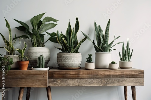 Green potted plants on wooden old pedestal against white rustic wall. Modern interiors. Sansevieria, peperomia, dracaena. Generative AI