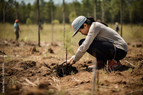 The Start of a New Ecosystem Person Planting a Tree in a Deforested Area, generative ai