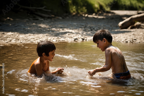 Young children cooling off in a polluted river on a hot summer day, generative ai