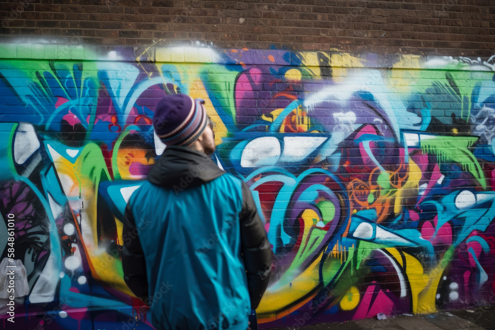 Young graffiti artist leaving their mark on a brick wall with a vibrant ...