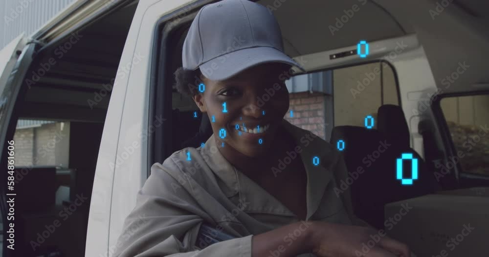 Animation of binary codes over smiling african american woman sitting in vehicle at warehouse Animation of binary codes over smiling african american woman sitting in vehicle at warehouse