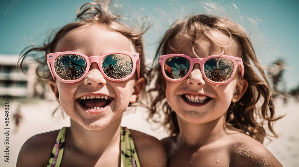 Two Young Girlfriends Posing Wearing Sunglasses Having Fun on the Beach - Generatvie AI.