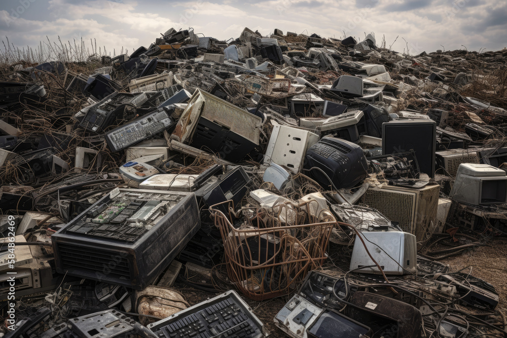E-Waste Tomb Towering Heap of Discarded Electronic Devices in a Landfill, generative ai E-Waste Tomb Towering Heap of Discarded Electronic Devices in a Landfill, generative ai