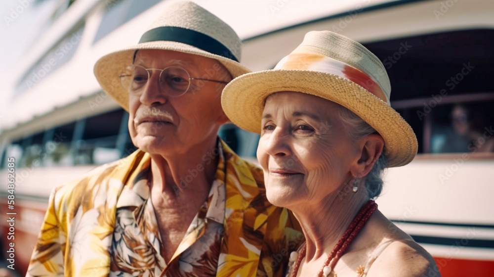 Senior Caucasian Couple Vacationing On A Cruise Ship in the Tropics - Generatvie AI.