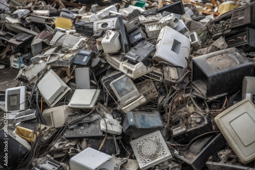 E-Waste Tomb Towering Heap of Discarded Electronic Devices in a Landfill, generative ai