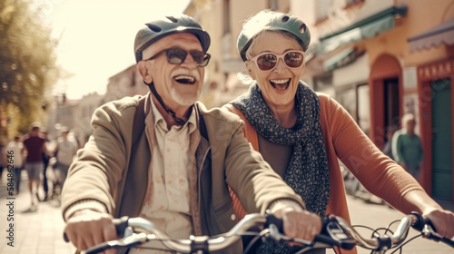Senior Adult Couple Enjoying a Bike Ride Together - Generatvie AI.